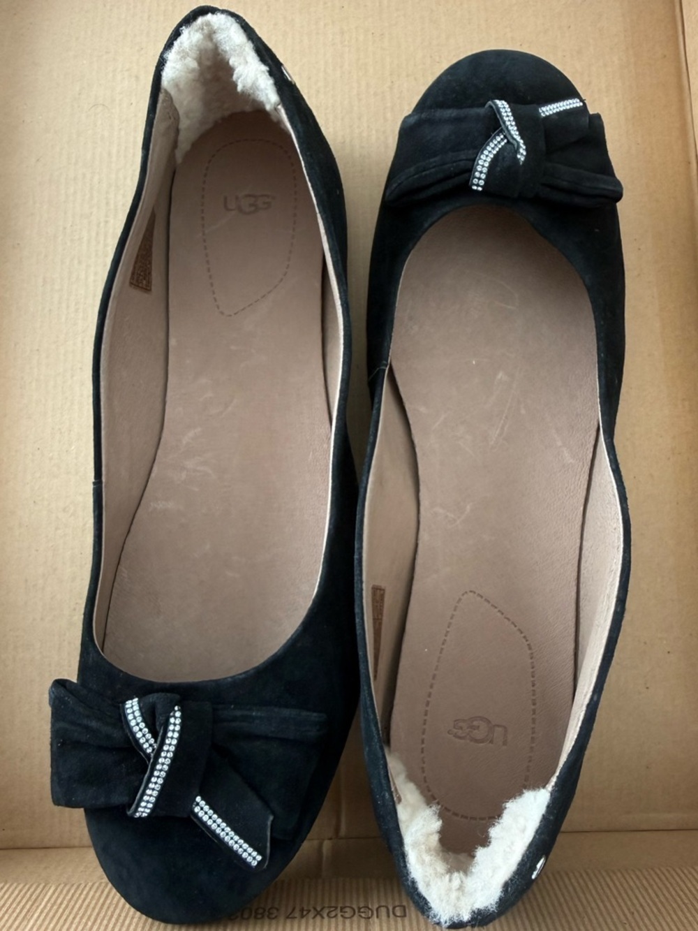 UGG Black Suede Ballet Flats Rhinestone Bow Quiet Luxury Chic Size 11 BNWT